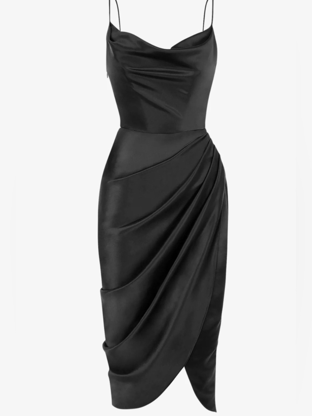 House of CB Black Satin Cowl Neck Midi Dress